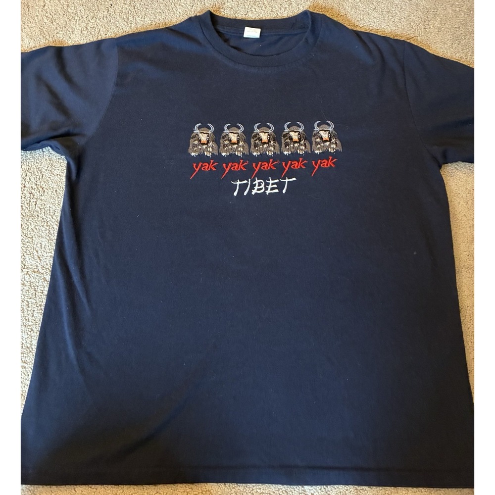 Yak Tibet Black Embroidered T Shirt, Vintage, Size  XL, 100 % Cotton, Nepal